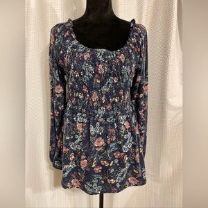 Cato Long Sleeve Navy Blue Floral Print Blouse Size Large NWT